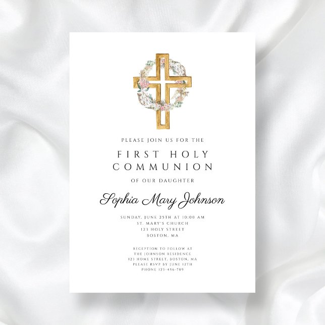 Invitación Elegante Chica Floral de cruz floral Primera comun (Elegant Floral Wreath Cross Girl First Communion Invitation)