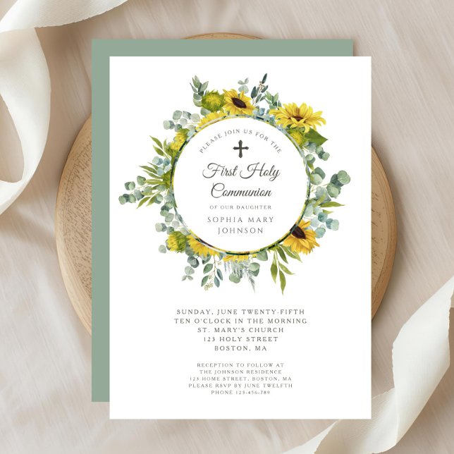 Invitación Elegante Chica floral de guirnalda primera comunió (Elegant Floral Wreath Girl First Communion Invitation)