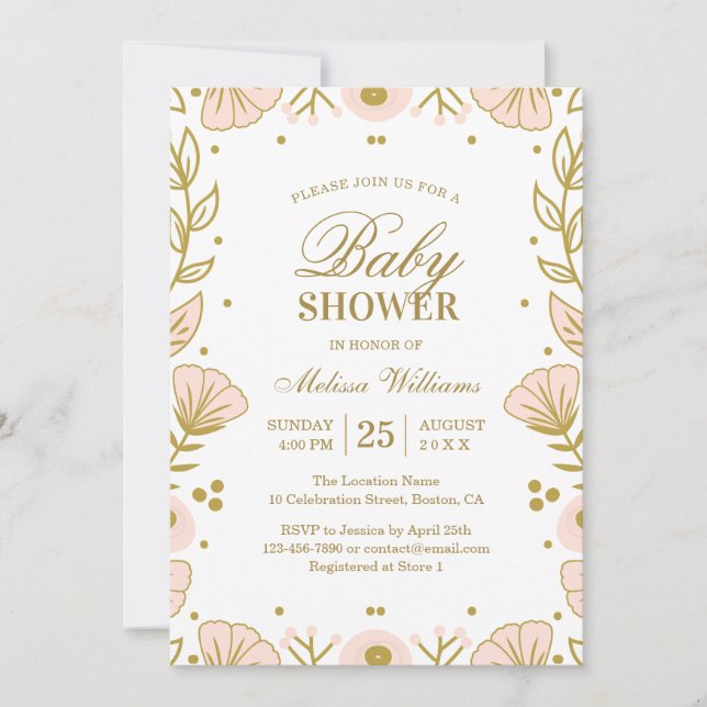 Invitación Elegante Chica floral de oro rosado Baby Shower (Anverso)