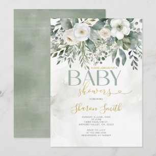 Invitación Elegante Chica floral Eucalyptus blanco Baby Showe