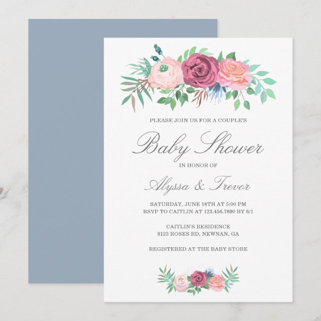 Invitación Elegante Chica Floral Garland Parejas Baby Shower (Anverso / Reverso)