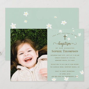 Invitación Elegante Chica floral moderno Foto de bautismo rel