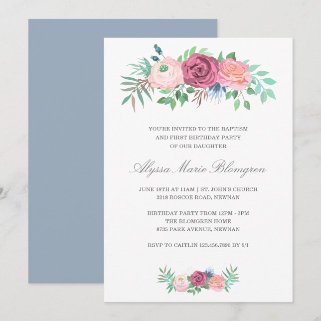 Invitación Elegante Chica Floral Rosa Bautismo Primer Cumplea (Anverso / Reverso)