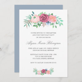 Invitación Elegante Chica Floral Rosa Bautismo Primer Cumplea