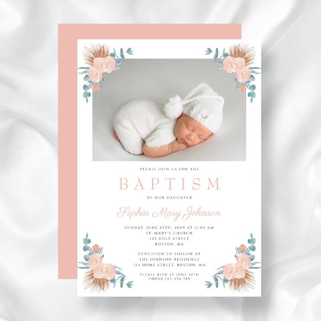 Invitación Elegante Chica floral rosa foto bautismo (Pink Floral Elegant Girl Photo Baptism Invitation)