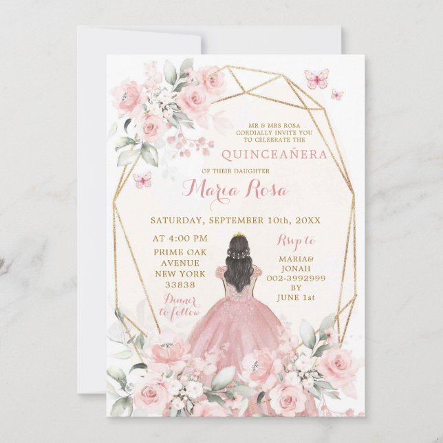Invitación Elegante Chica floral rosa Rubor dulce 16 cumpleañ (Anverso)