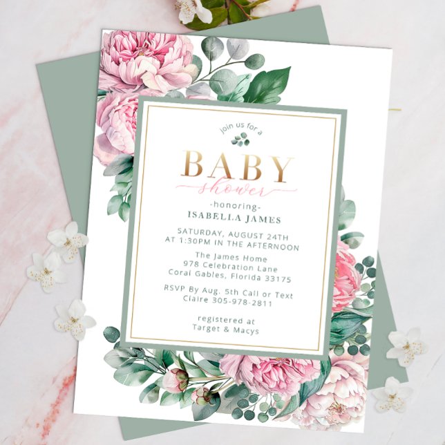 Invitación Elegante Chica floral rosa y dorado Baby Shower In (Floral Pink Baby Shower & Greenery Invite )