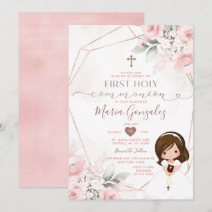 Invitación Elegante Chica floral rosado  primero Santa Comuni
