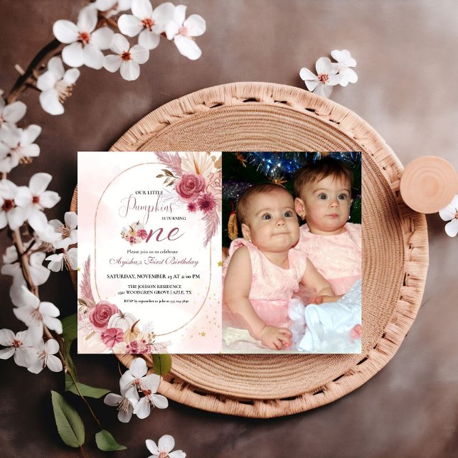 Invitación Elegante Chica Gemela Pequeña Calabaza Rosa Primer (Subido por el creador)