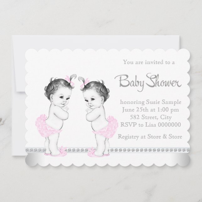 Invitación Elegante Chica gemelo Baby Shower (Anverso)