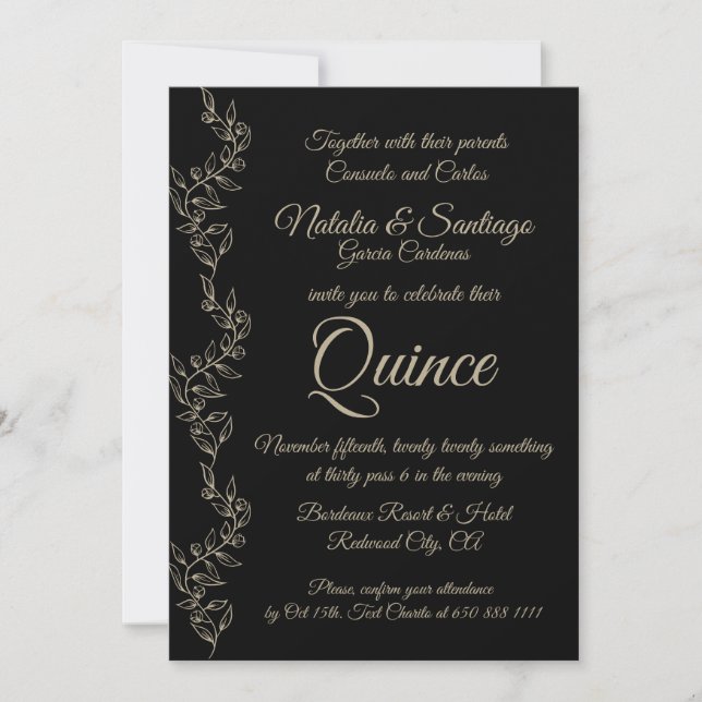 Invitación Elegante Chica gemelo negro Fiesta de Quince (Anverso)
