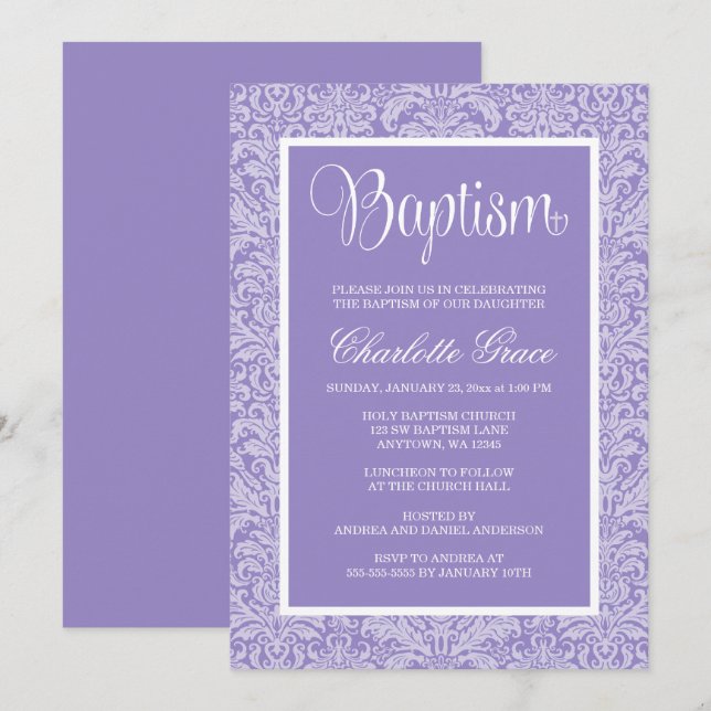 Invitación Elegante Chica malva morado bautismo bautizo (Anverso / Reverso)