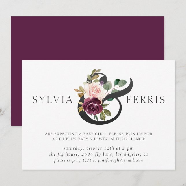 Invitación Elegante Chica morado floral Baby Shower (Anverso / Reverso)