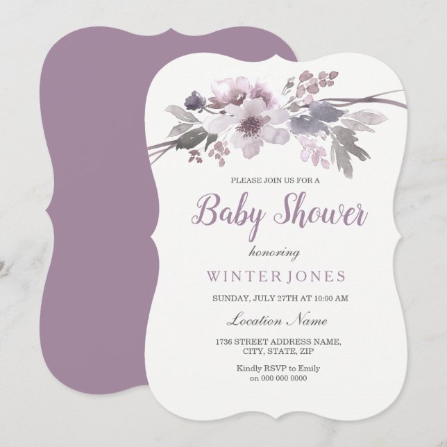 Invitación Elegante Chica Morado Floral O Niño Baby Shower (Anverso / Reverso)