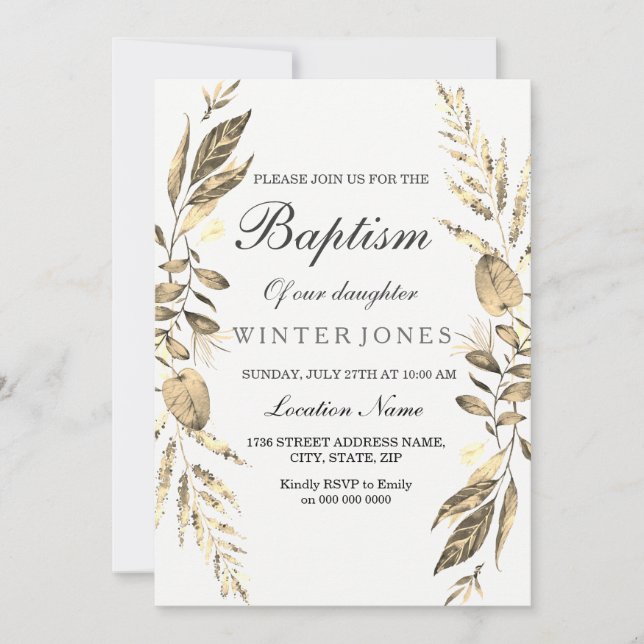 Invitación Elegante Chica niño con bautismo de hoja de oro in (Anverso)