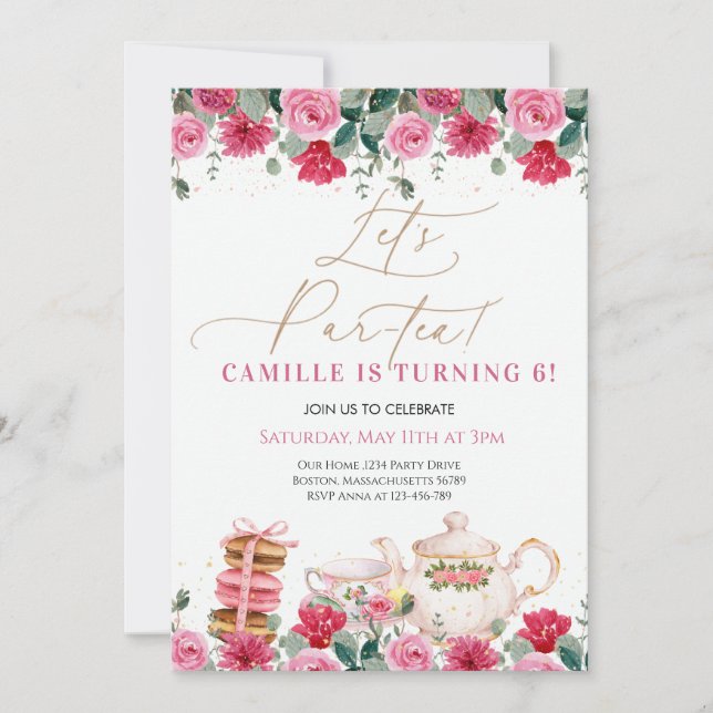 Invitación Elegante Chica Pink Floral Tea Fiesta Cumpleaños (Anverso)
