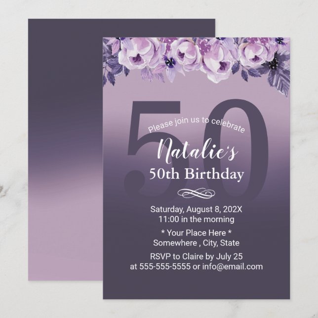 Invitación Elegante Chica Purple Floral 50 cumpleaños (Anverso / Reverso)
