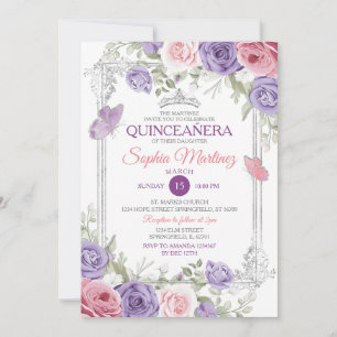 Invitación Elegante Chica Púrpura Floral Floral Rosa Quinceañ