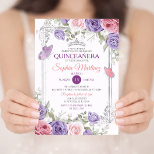 Invitación Elegante Chica Púrpura Floral Floral Rosa Quinceañ