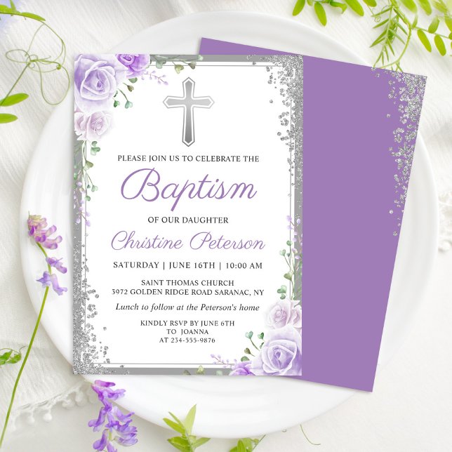 Invitación Elegante Chica Purpurina  de Plata Floral Púrpura (Subido por el creador)