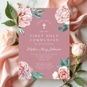 Invitación Elegante Chica religioso floral rosa primera comun