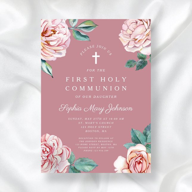 Invitación Elegante Chica religioso floral rosa primera comun (Elegant Pink Floral Religious Girl First Communion Invitation)