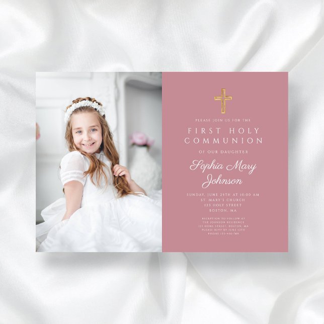 Invitación Elegante Chica religioso rosa foto primera comunió (Pink Religious Cross Girl First Communion Photo Invitation)
