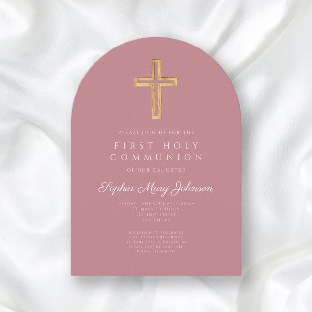 Invitación Elegante Chica religioso rosado Arco de la Primera (Elegant Pink Religious Girl First Communion Arch Invitation)