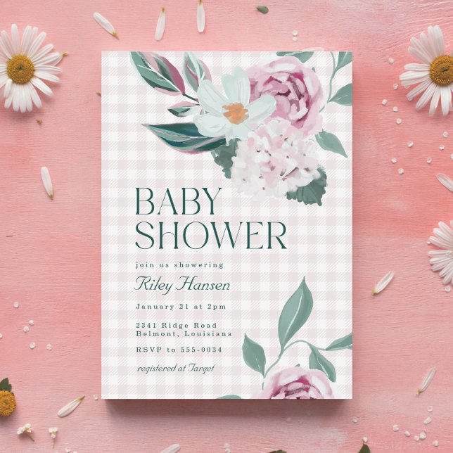 Invitación Elegante Chica rosa Floral Gingham Baby Shower (Subido por el creador)