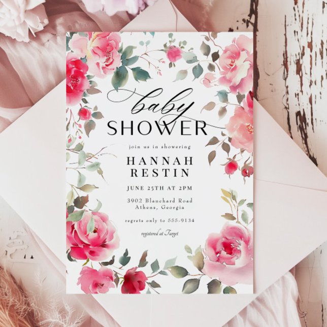 Invitación Elegante Chica rosa rosa floral Baby Shower (Subido por el creador)