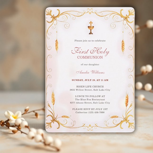 Invitación Elegante Chica Rosa y Oro Primera Comunión Santa (Elegant First Holy Communion Invitation for Girl – Pink & Gold Chalice Design)