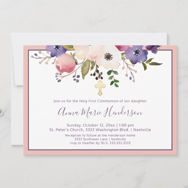 Invitación Elegante Chica rosa y púrpura de la Santa Primera  (Anverso)