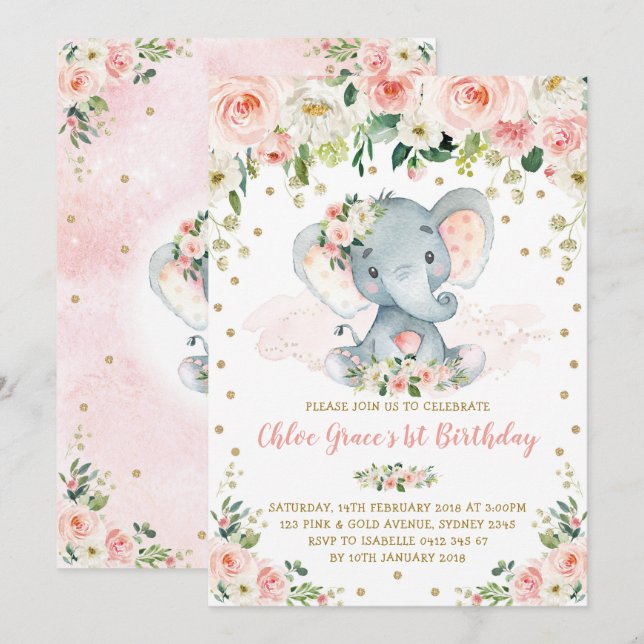 Invitación Elegante Chica Rubor Floral Elefante Primer Cumple (Anverso / Reverso)