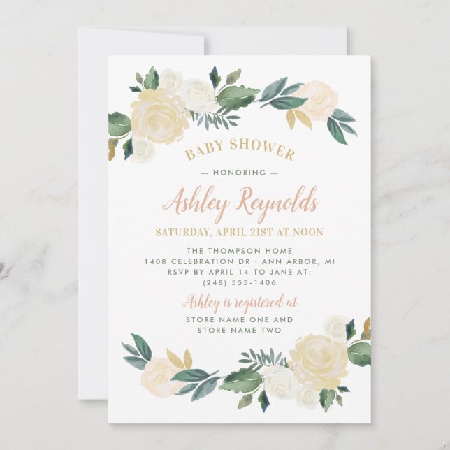 Invitación Elegante Chica Rubor Gold Green Floral Baby Shower (Anverso)