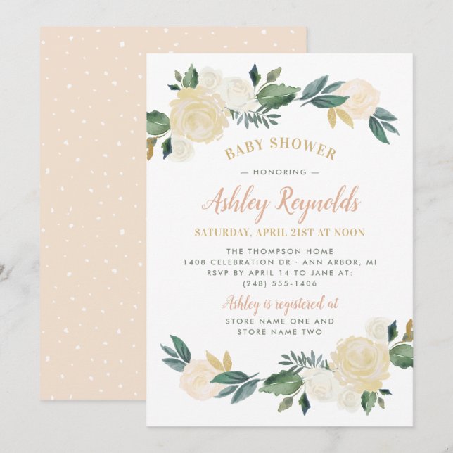 Invitación Elegante Chica Rubor Gold Green Floral Baby Shower (Anverso / Reverso)