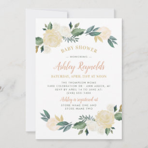 Invitación Elegante Chica Rubor Gold Green Floral Baby Shower