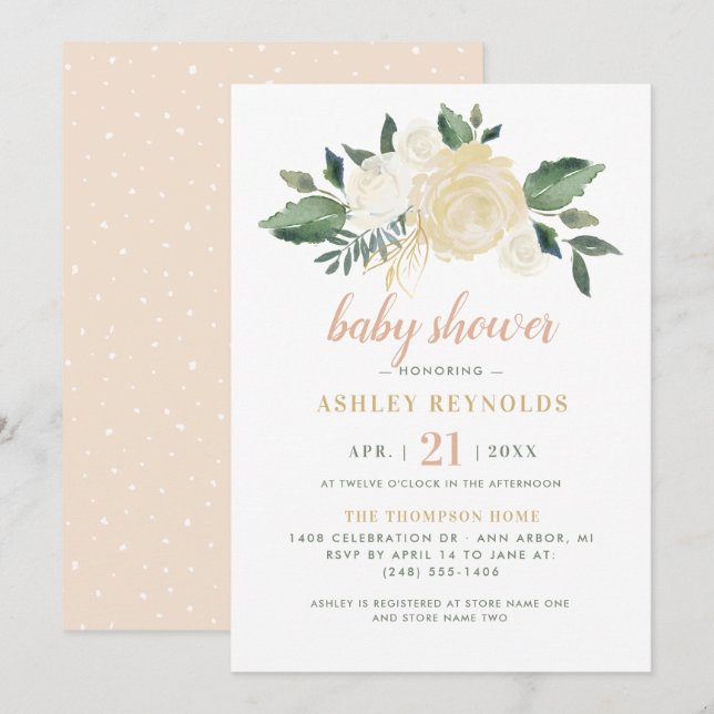 Invitación Elegante Chica Rubor Gold Green Floral Baby Shower (Anverso / Reverso)