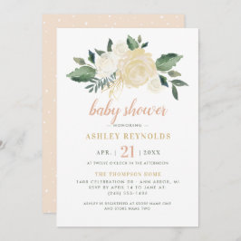Invitación Elegante Chica Rubor Gold Green Floral Baby Shower