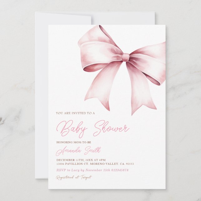 Invitación Elegante Chica Rubor Pink Bow Coquette Baby Shower (Anverso)