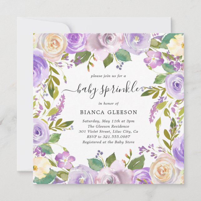Invitación Elegante Chica violeta morado floral Baby Sprinkle (Anverso)