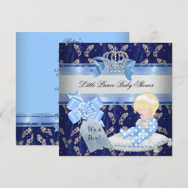 Invitación Elegante chico rubio de Baby Shower Principito Azu (Anverso / Reverso)