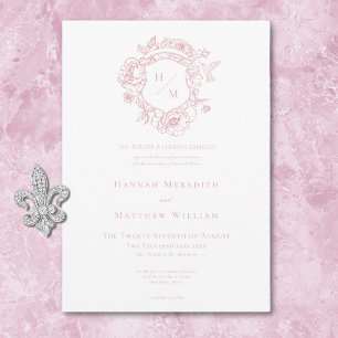 Invitación Elegante Chinoisería Rosa con Ave y Cima Nupcial