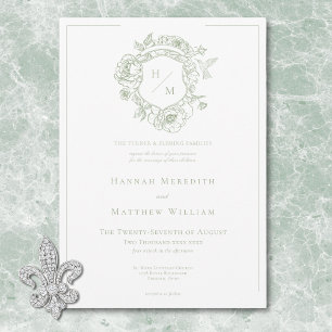 Invitación Elegante Chinoisería Verde Pájaro y Escudo de Arma