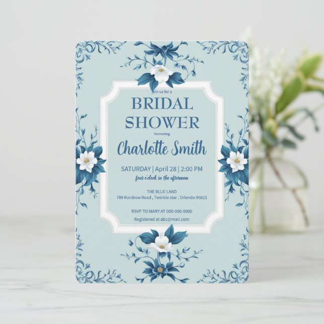 Invitación Elegante Chinoiserie azul Floral novia ducha (Anverso de pie)