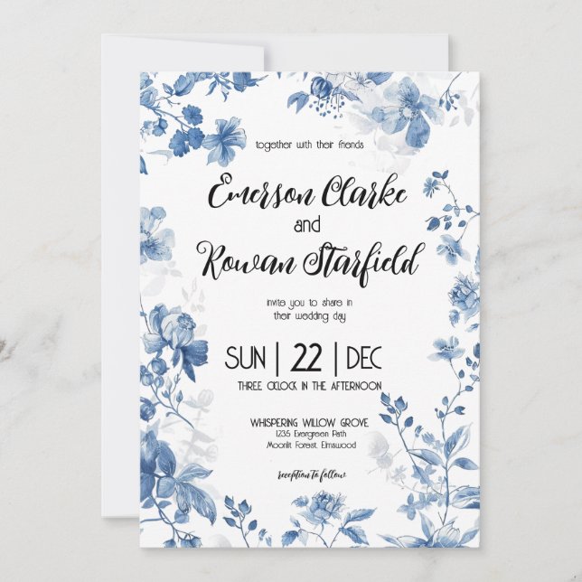 Invitación Elegante Chinoiserie Toile Floral Azul Francés (Anverso)