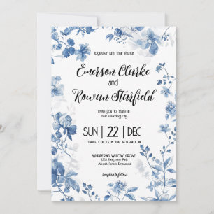 Invitación Elegante Chinoiserie Toile Floral Azul Francés