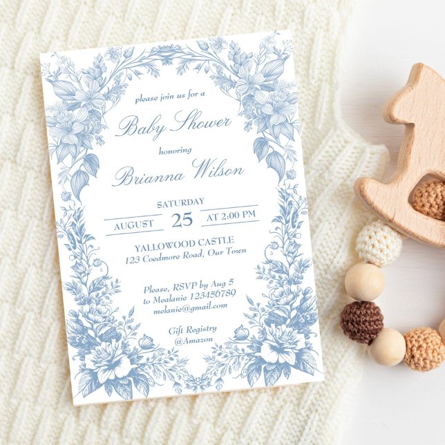 Invitación Elegante chinoiserie toile francés ducha de bebé a (Elegant French toile chinoiserie blue baby shower Invitation editable template boy baby shower)