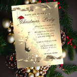 Invitación Elegante, chispa, vidrio, fiesta de Navidad<br><div class="desc">Una invitación elegante de la celebración de días festivos que ofrece un ciervo del navidad con el gorra de santa en fondo del oro. Estas invitaciones hermosas del navidad son perfectas para las invitaciones del fiesta de cena de navidad, las invitaciones del intercambio del regalo de vacaciones, las recaudadores de...</div>