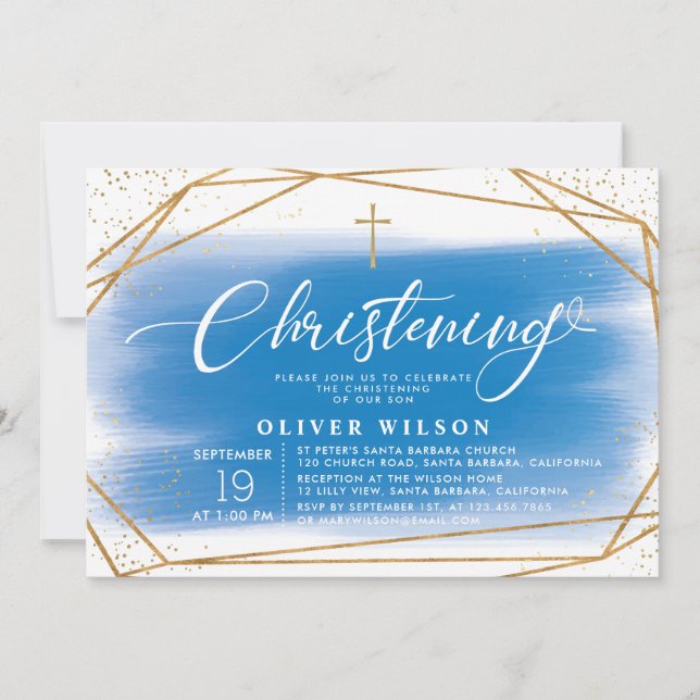 Invitación Elegante Christening Gold & Blue Boy (Anverso)
