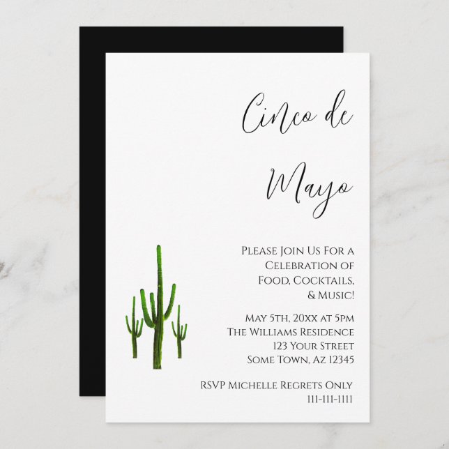 Invitación Elegante Cinco de Mayo Cactus Blanco Negro (Anverso / Reverso)